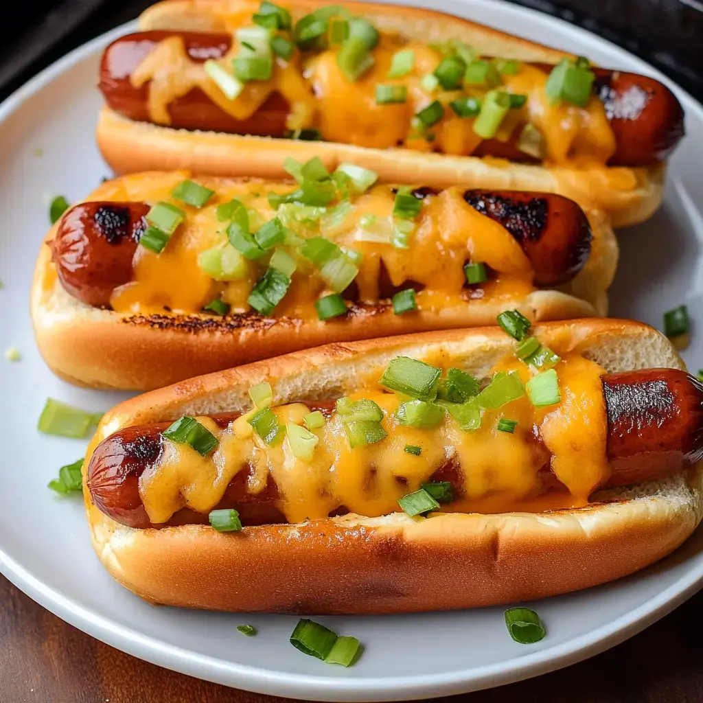 A plate of three grilled hot dogs in buns topped with melted cheese and chopped green onions.