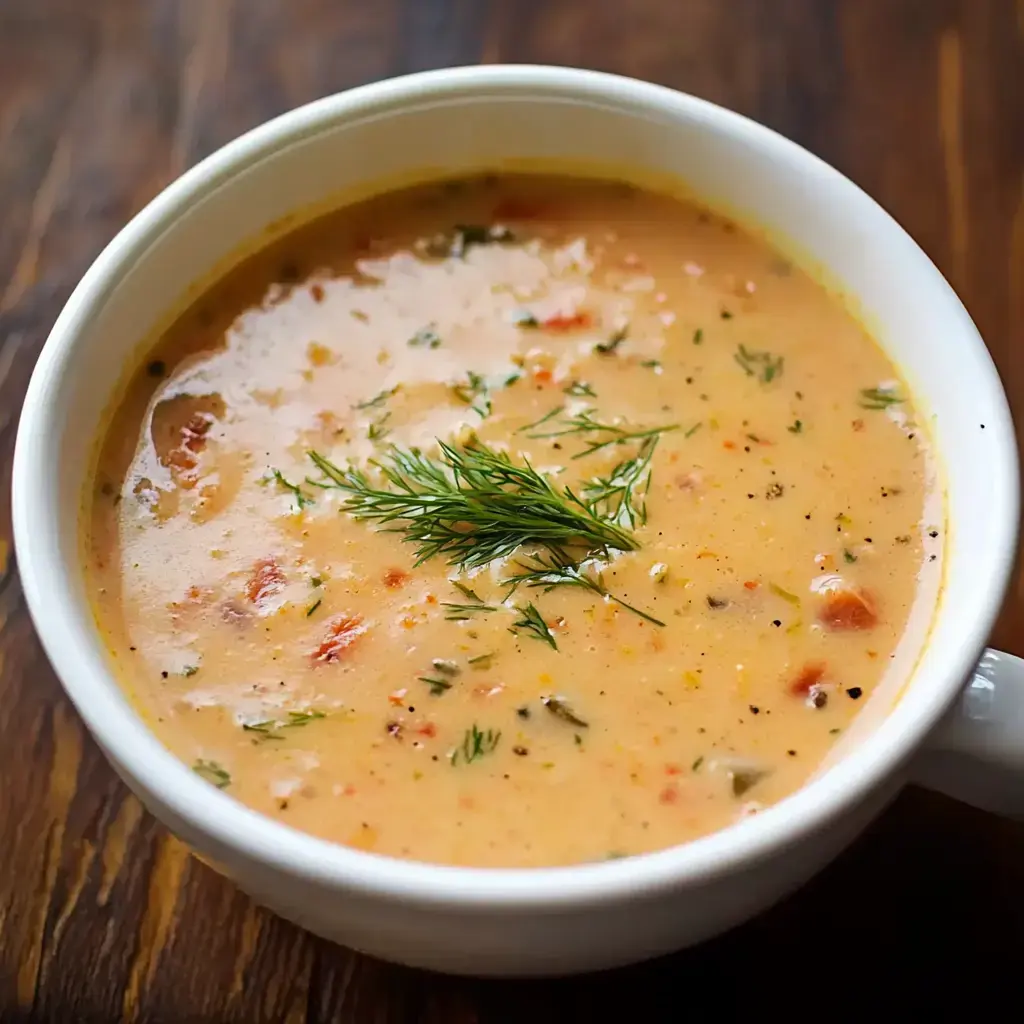 A bowl of creamy soup garnished with a sprig of fresh dill sits on a wooden surface.