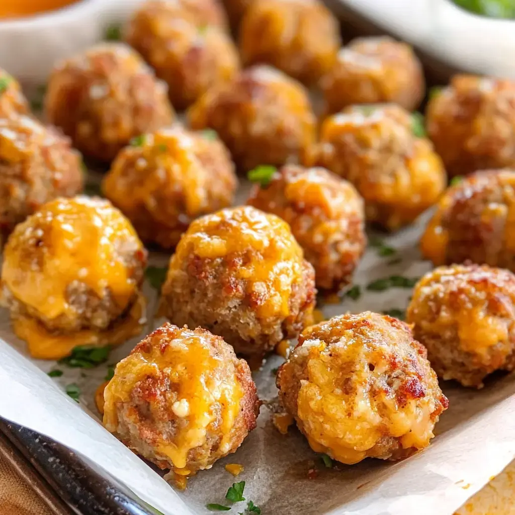 A tray of golden-brown meatballs topped with melted cheese and garnished with parsley.