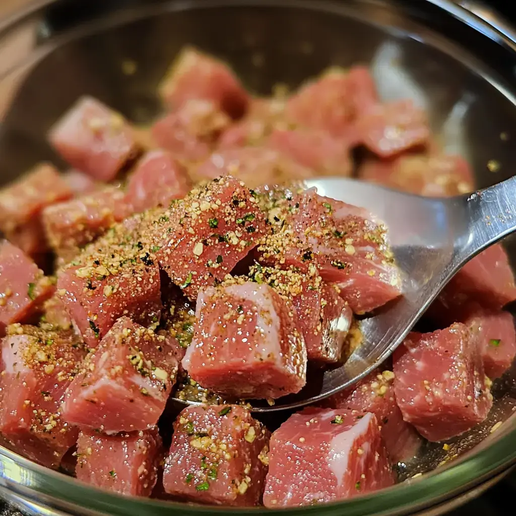 Diced raw meat seasoned with spices is displayed in a clear bowl, with a serving spoon resting on the side.