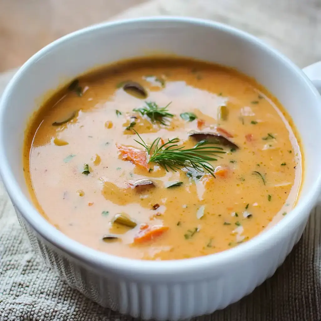 A creamy soup with herbs and small pieces of vegetables is served in a white bowl.