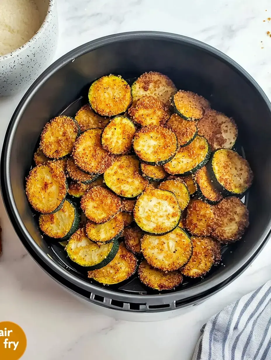 A bowl of crispy, air-fried zucchini slices is displayed, next to a small bowl of seasoning.