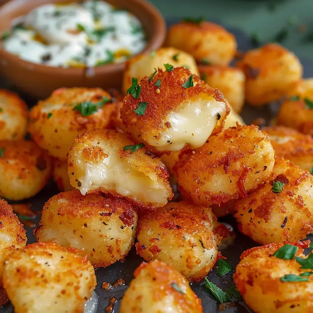 A close-up of crispy, golden-brown cheese-stuffed dumplings garnished with parsley, accompanied by a small bowl of dipping sauce in the background.