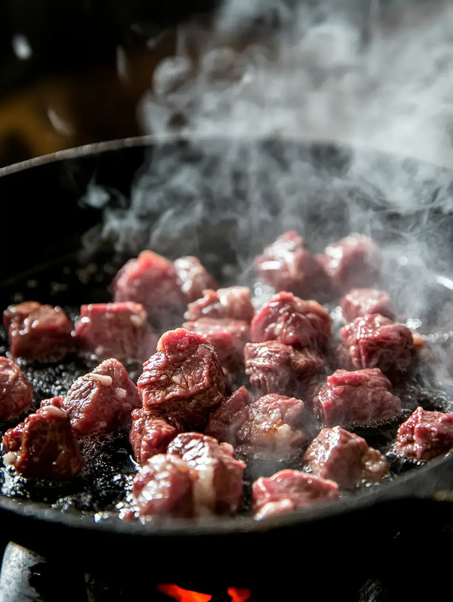 Tender pieces of beef are sizzling and steaming in a black skillet over a flame.