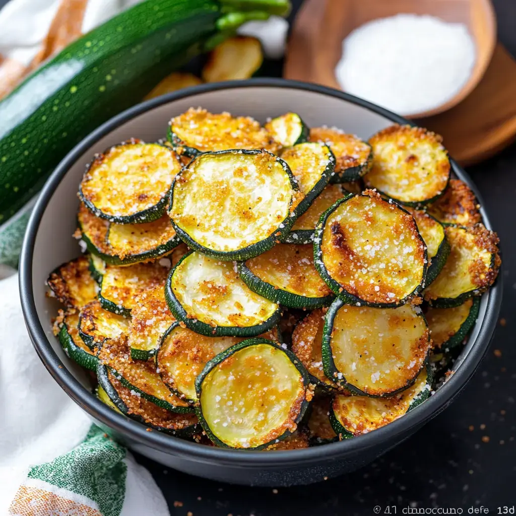 A close-up of a bowl filled with crispy, golden-brown zucchini chips, garnished with a sprinkle of salt, with whole zucchinis in the background.