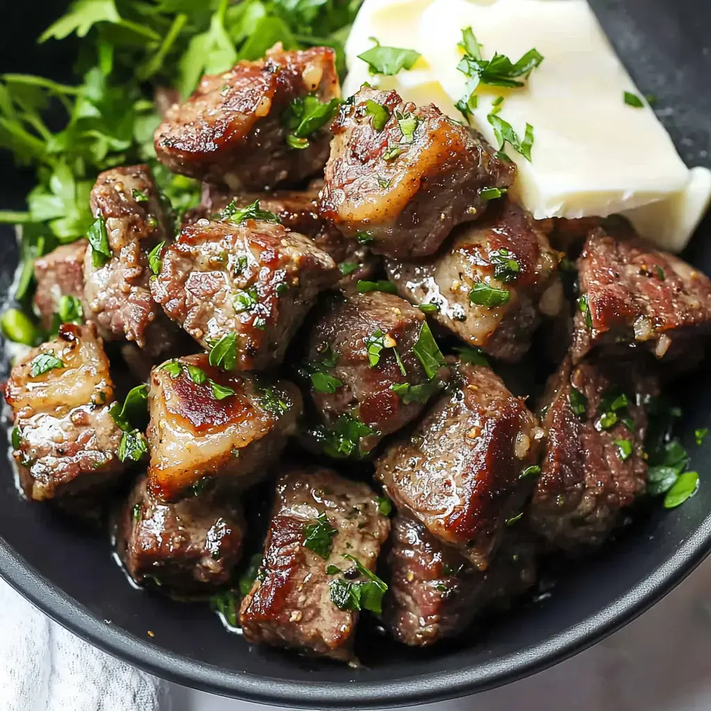 A bowl of succulent, chopped beef garnished with fresh herbs and accompanied by a dollop of butter.