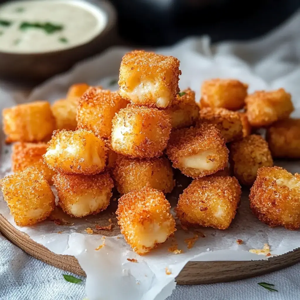 A pile of golden, crispy cheese cubes is arranged on a wooden platter with a bowl of dipping sauce in the background.