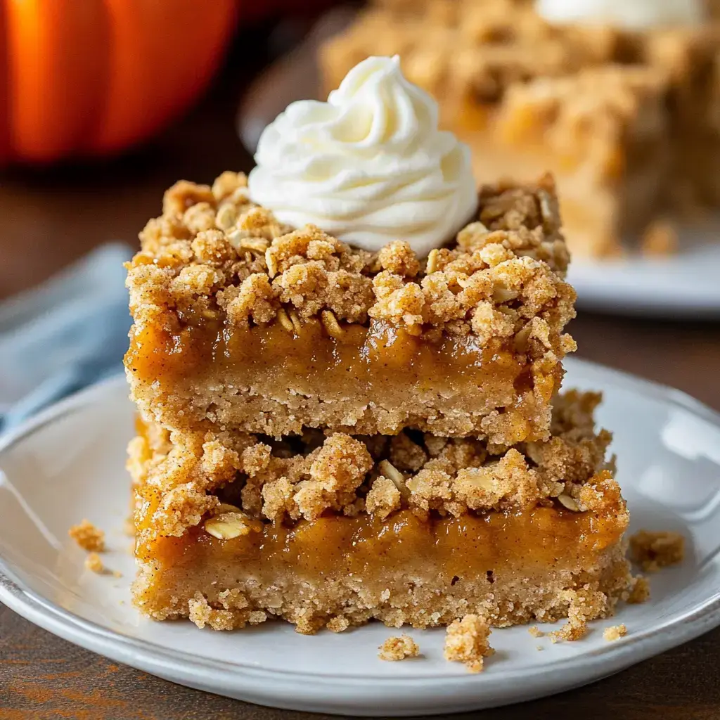 A close-up of two layers of pumpkin crumb bars topped with a swirl of whipped cream on a white plate, with a blurred pumpkin in the background.