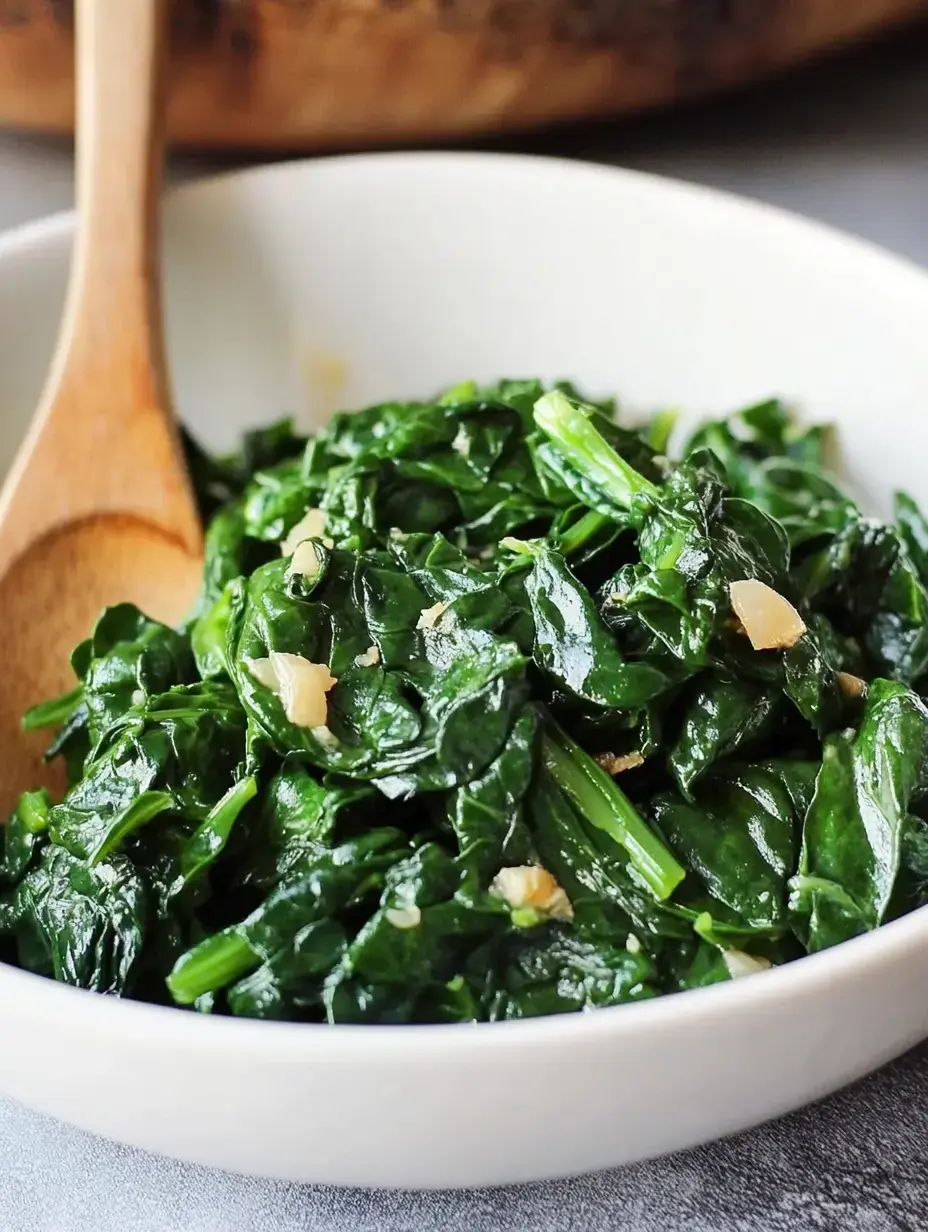 A bowl of sautéed spinach with garlic, accompanied by a wooden spoon.