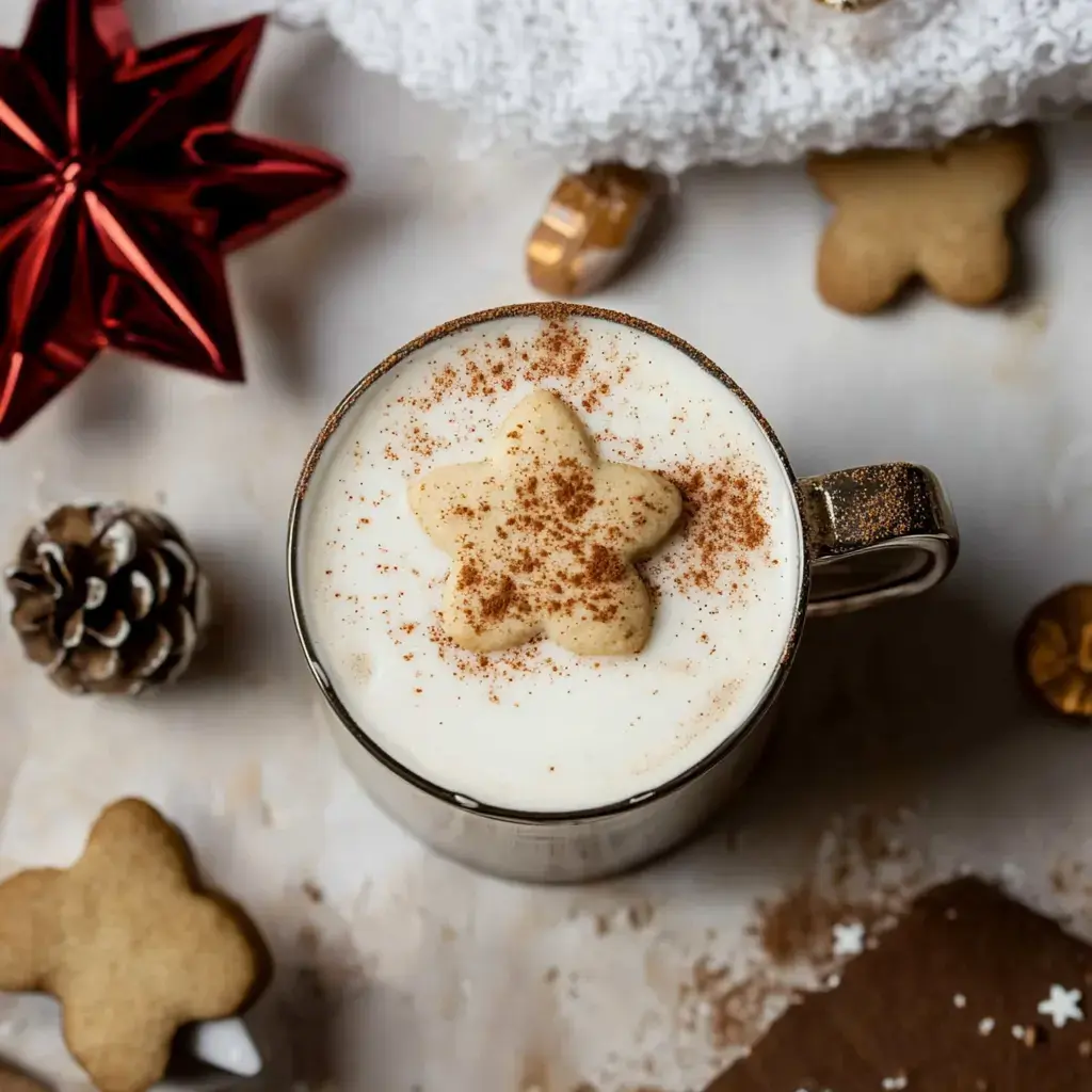 A festive cup of creamy beverage topped with a star-shaped cookie and sprinkled with cinnamon, surrounded by holiday decorations.