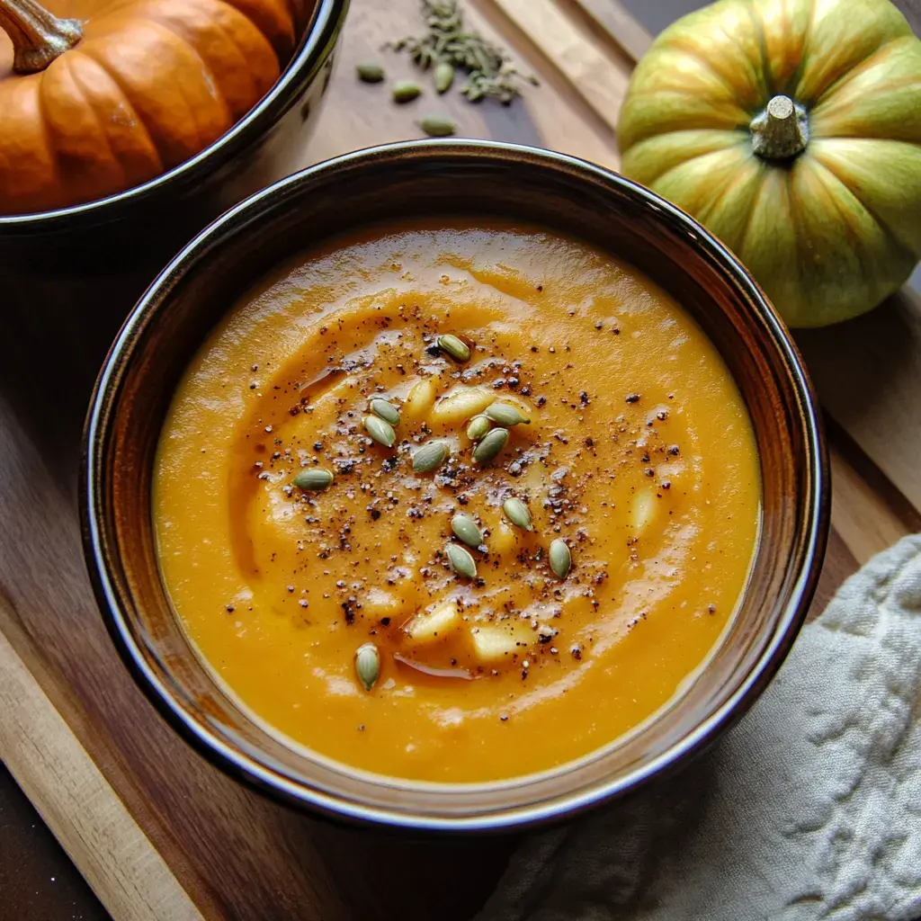 A bowl of creamy orange pumpkin soup is topped with pumpkin seeds and black pepper, accompanied by decorative pumpkins on a wooden surface.