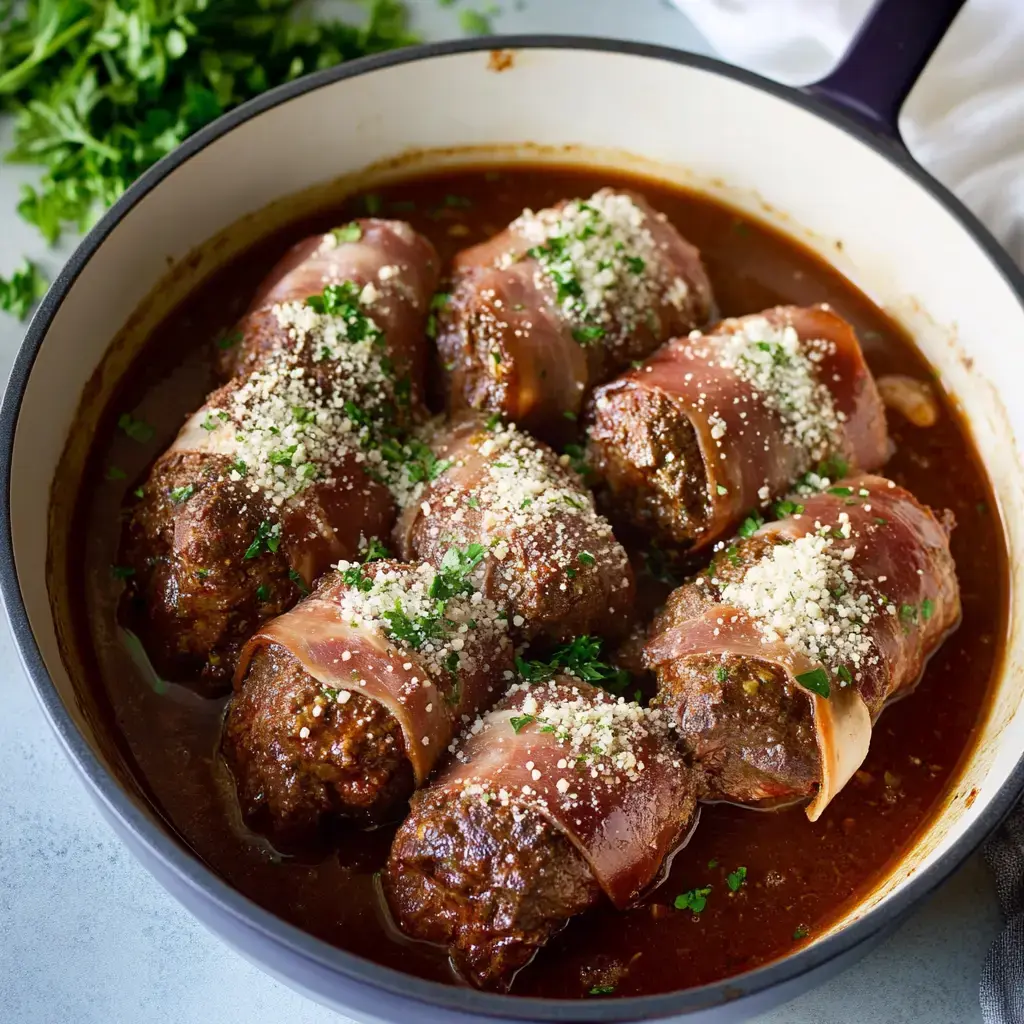 A close-up of meatloaf rolls wrapped in bacon, garnished with grated cheese and parsley, simmering in a rich sauce in a round pot.