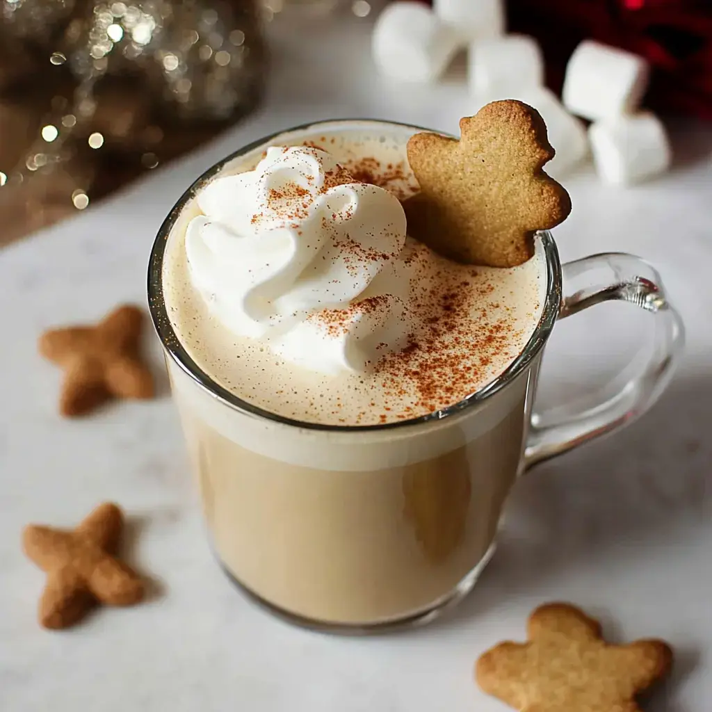 A glass of creamy coffee topped with whipped cream and a sprinkle of cinnamon, accompanied by gingerbread cookie shapes.