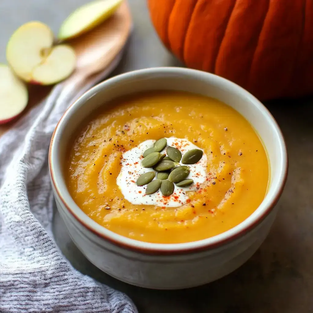 A bowl of creamy pumpkin soup garnished with a dollop of sour cream, pumpkin seeds, and a sprinkle of spices, accompanied by sliced apples and a pumpkin in the background.