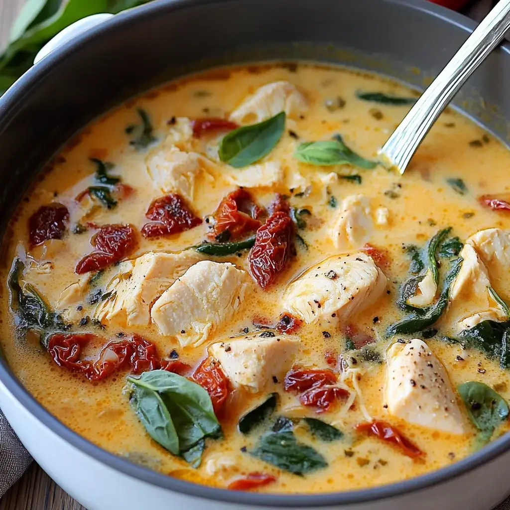 A close-up of a creamy soup with chunks of chicken, spinach, and sun-dried tomatoes garnished with fresh basil.