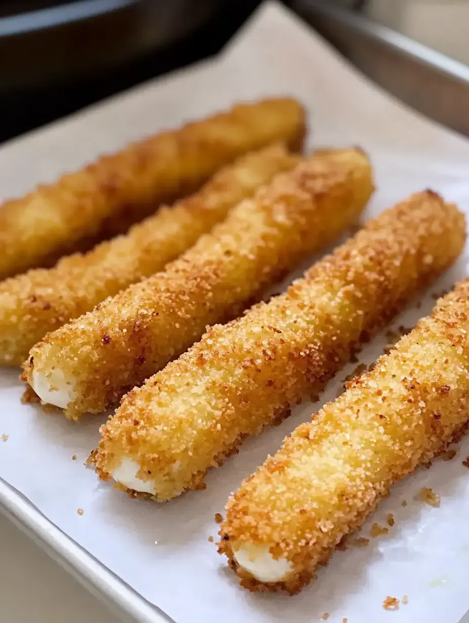 Four golden-brown fried cheese sticks are arranged on a piece of parchment paper.