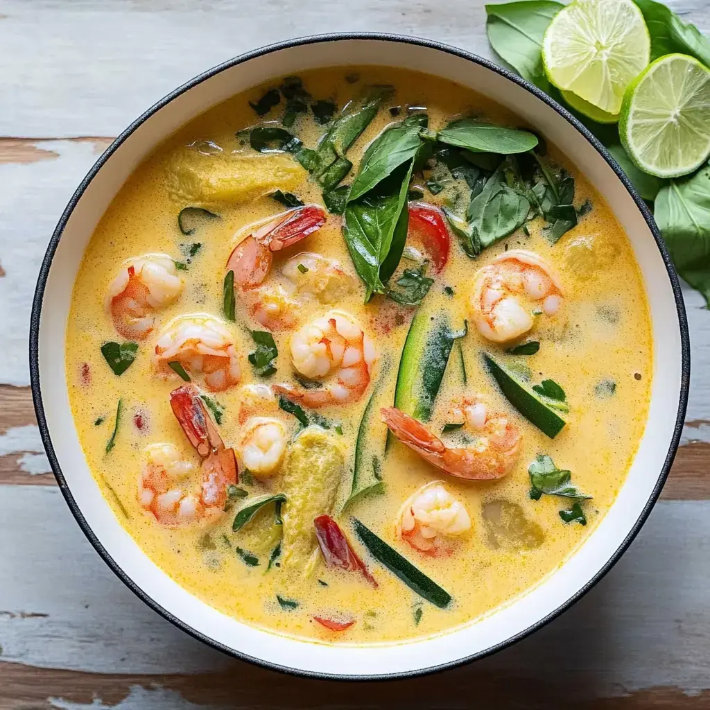 A bowl of creamy shrimp soup with vibrant greens and herbs, accompanied by lime wedges.