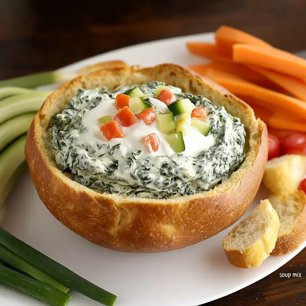 A bowl of spinach dip topped with diced vegetables, served in a bread bowl alongside fresh carrot sticks and sliced green onions.