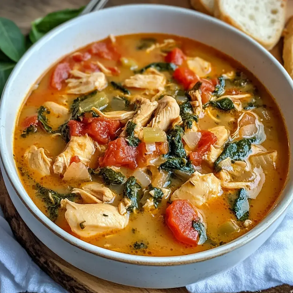 A bowl of chicken soup with shredded chicken, tomatoes, spinach, and vegetables in a savory broth, served with slices of bread on the side.