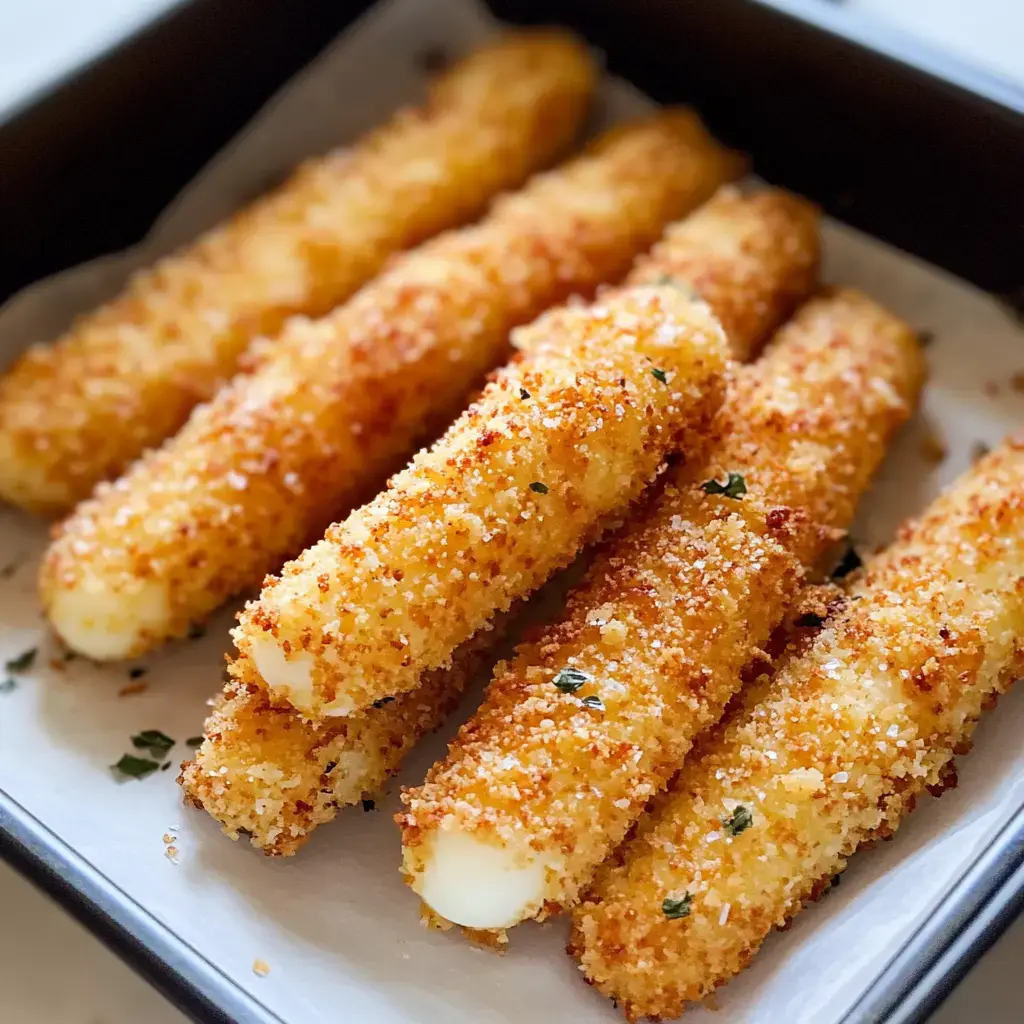 A close-up image of crispy, golden-breaded mozzarella sticks arranged neatly on a parchment-lined tray.