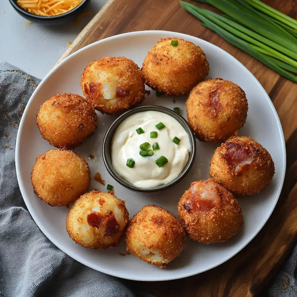 A plate of crispy fried potato balls with bits of bacon, arranged around a bowl of creamy dipping sauce, garnished with chopped green onions.