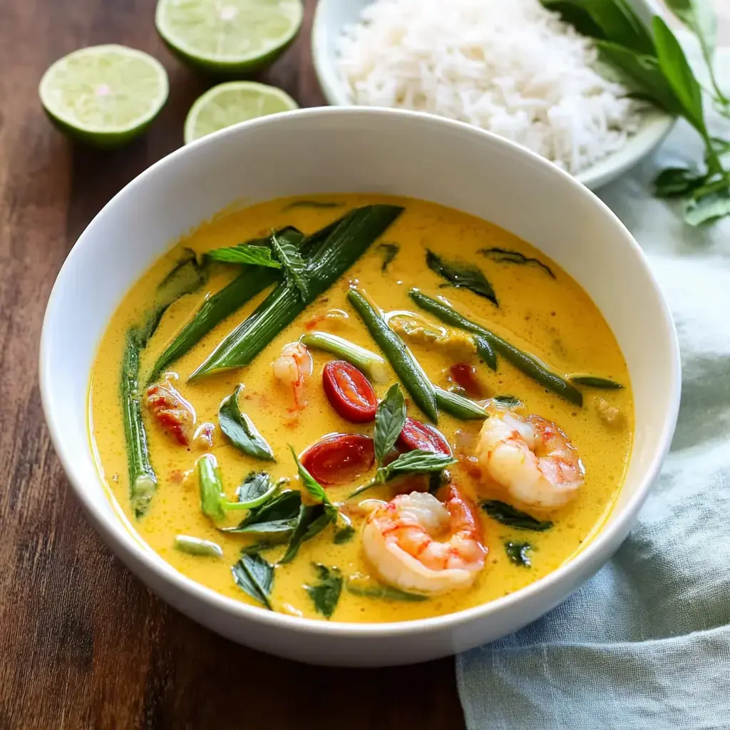 A bowl of creamy shrimp soup with green beans, cherry tomatoes, and fresh herbs, accompanied by lime halves and a side of rice.