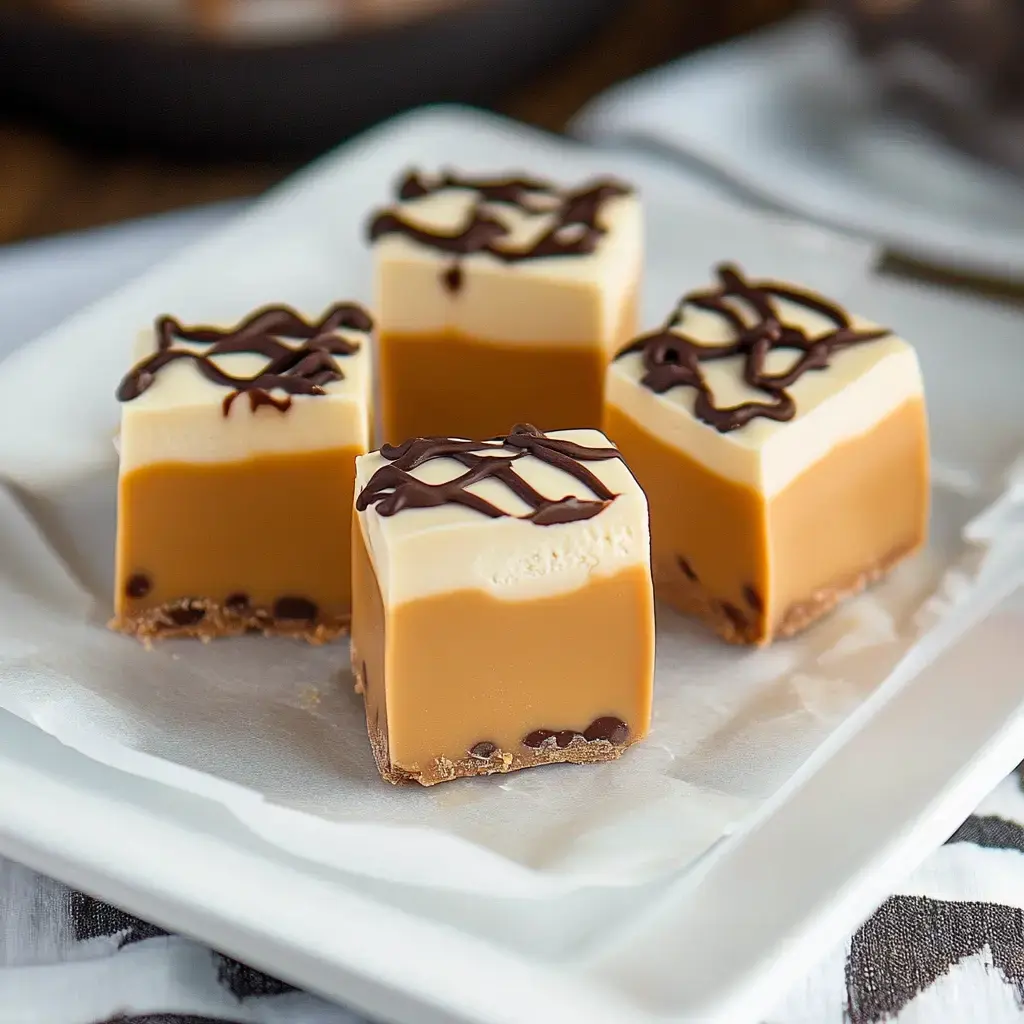 A close-up of four layered dessert squares with a chocolate drizzle on top, resting on a white plate lined with parchment paper.