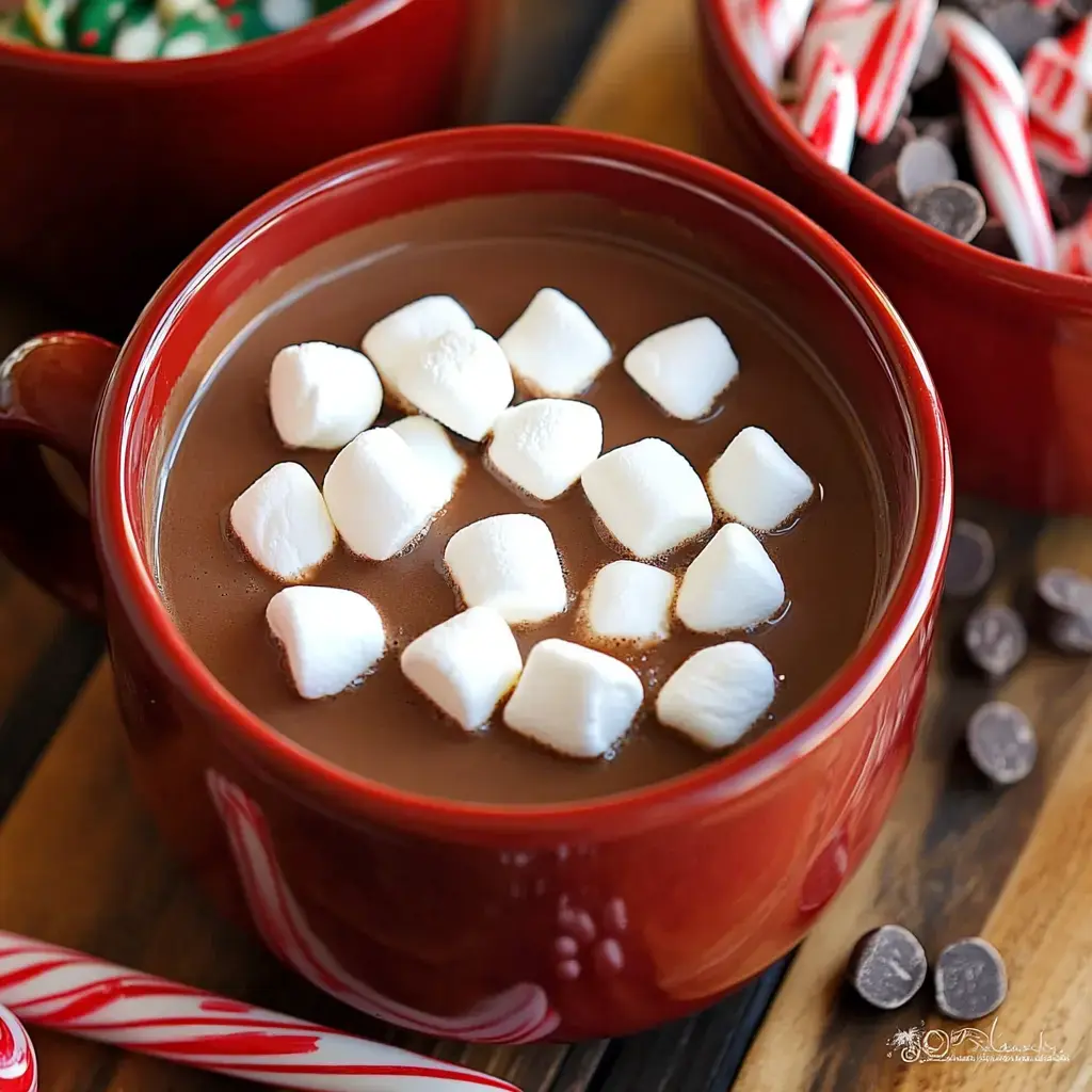 A red mug filled with hot chocolate topped with mini marshmallows, accompanied by candy canes and chocolate chips.