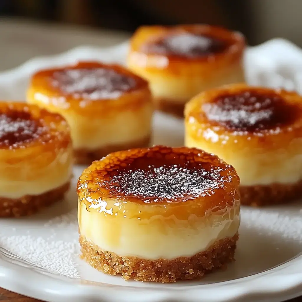 A plate of miniature caramel flan desserts topped with a glossy caramel layer and dusted with powdered sugar.