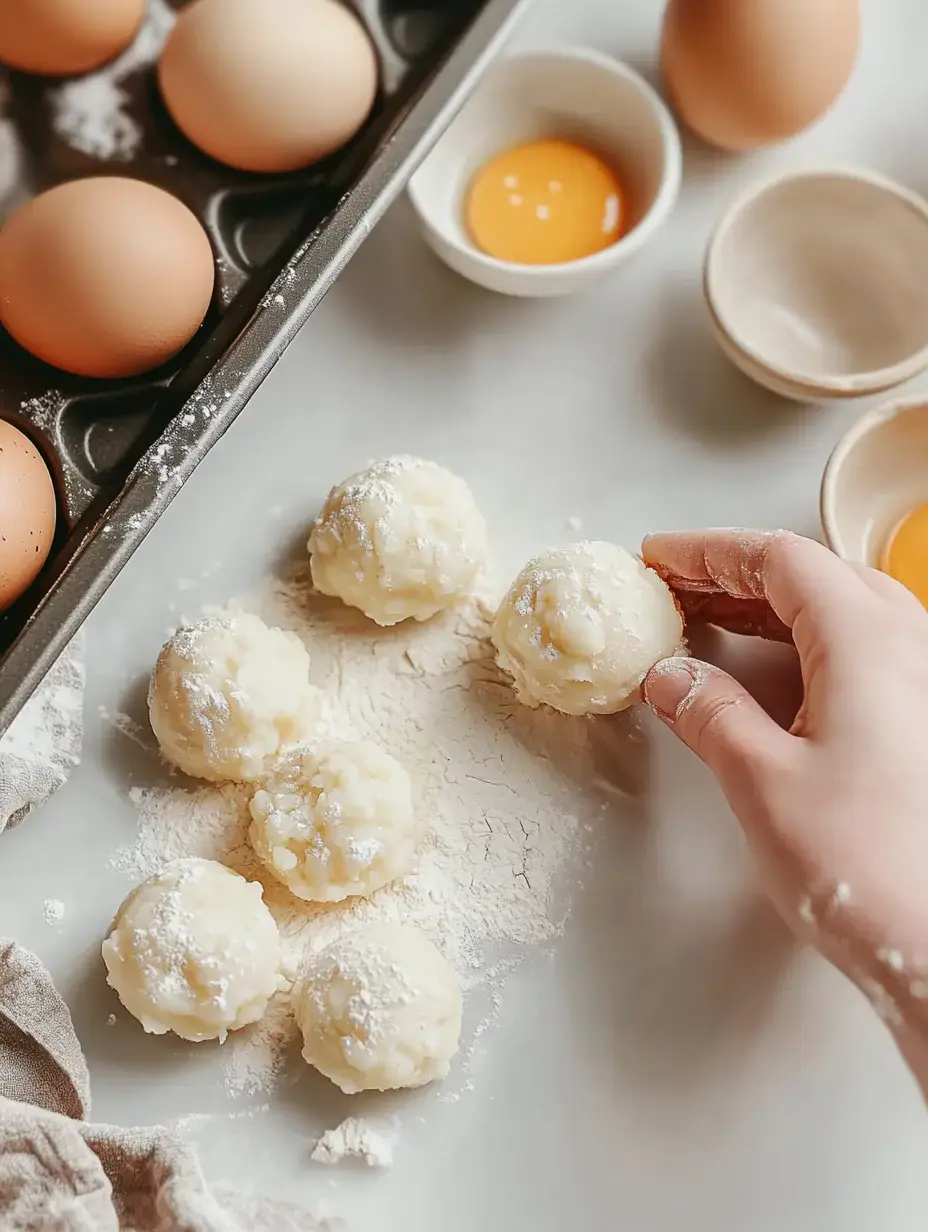 A hand is reaching for a dough ball on a surface sprinkled with flour, next to a tray of eggs and a bowl containing egg yolk.