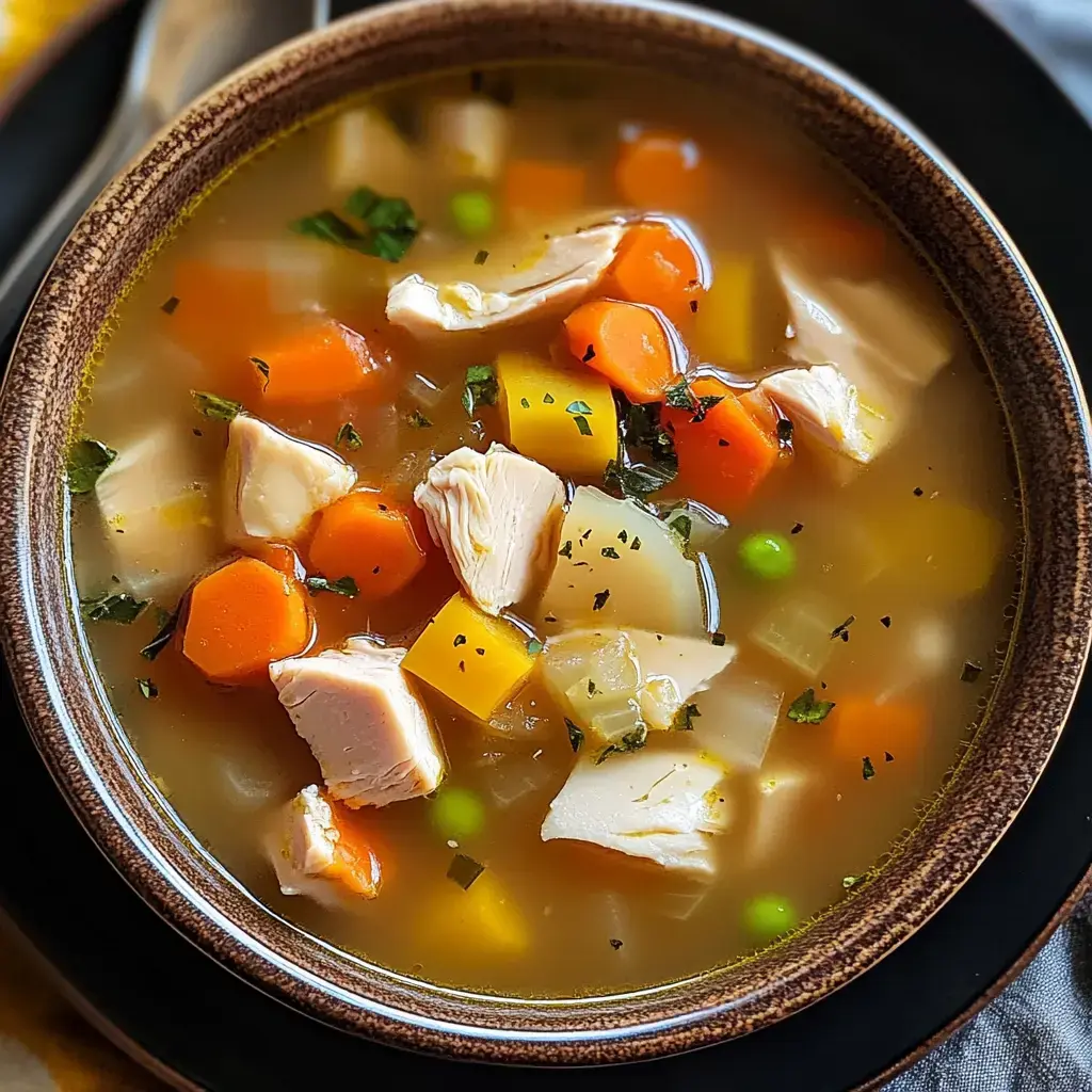 A bowl of hearty chicken soup filled with chunks of chicken, carrots, yellow squash, peas, and herbs in a savory broth.