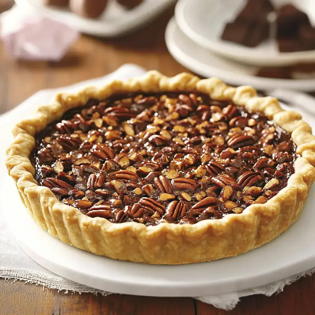 A caramel pecan pie with a golden crust sits on a white serving pedestal, surrounded by blurred plates of dessert in the background.