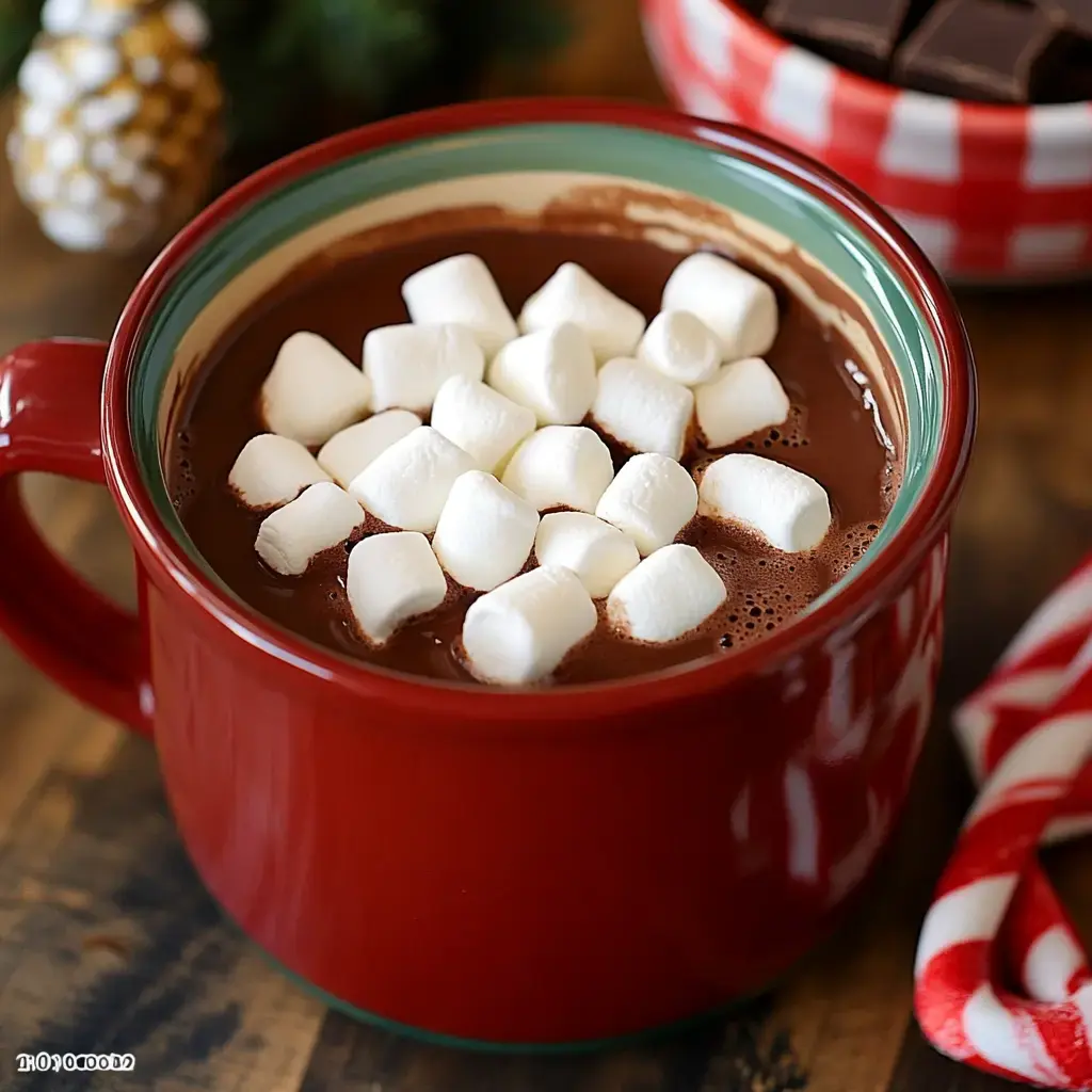 A red mug filled with hot chocolate topped with fluffy marshmallows, surrounded by a festive atmosphere.