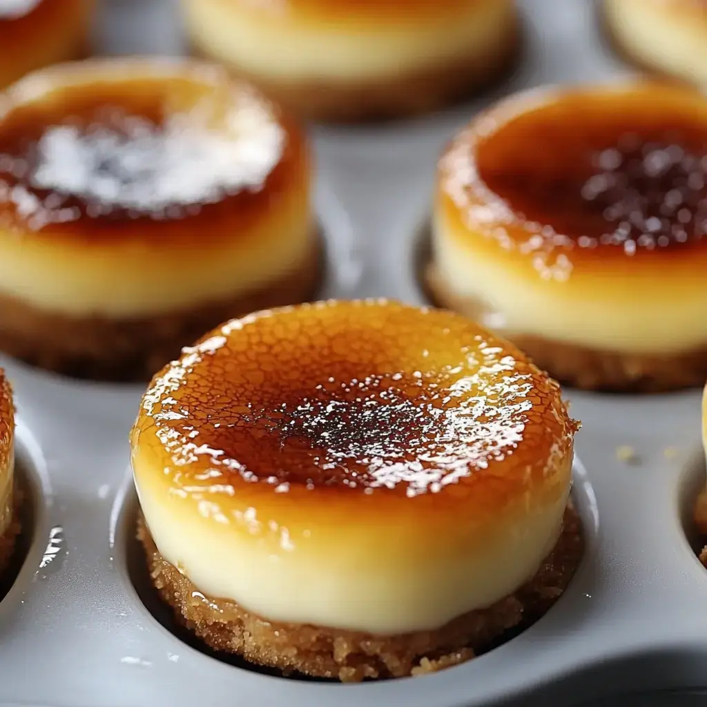 A close-up of individually molded desserts featuring a layer of glossy caramelized sugar atop creamy custard and a crumbly base.