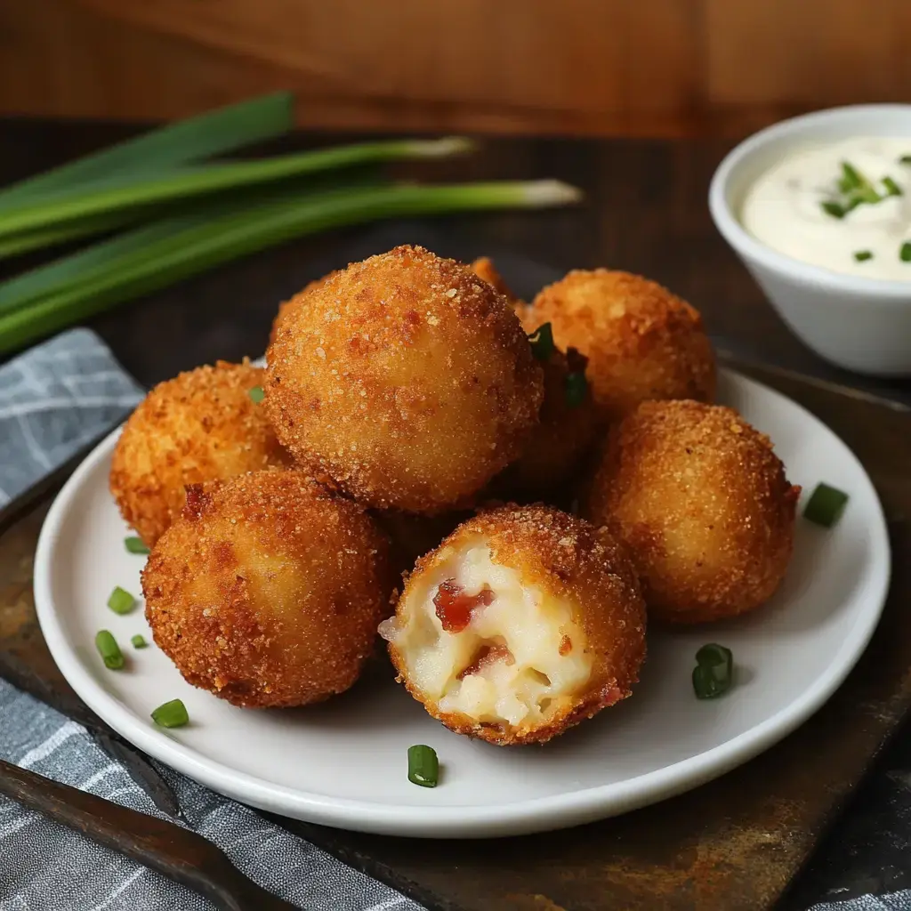 A plate of golden-brown, crispy potato croquettes filled with bacon and cheese, garnished with chopped green onions, served alongside a small bowl of dipping sauce.