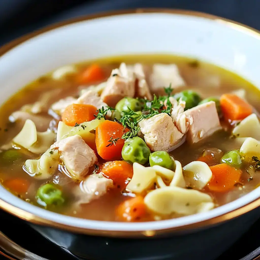 A bowl of chicken noodle soup filled with pieces of chicken, carrots, peas, and pasta in a savory broth.