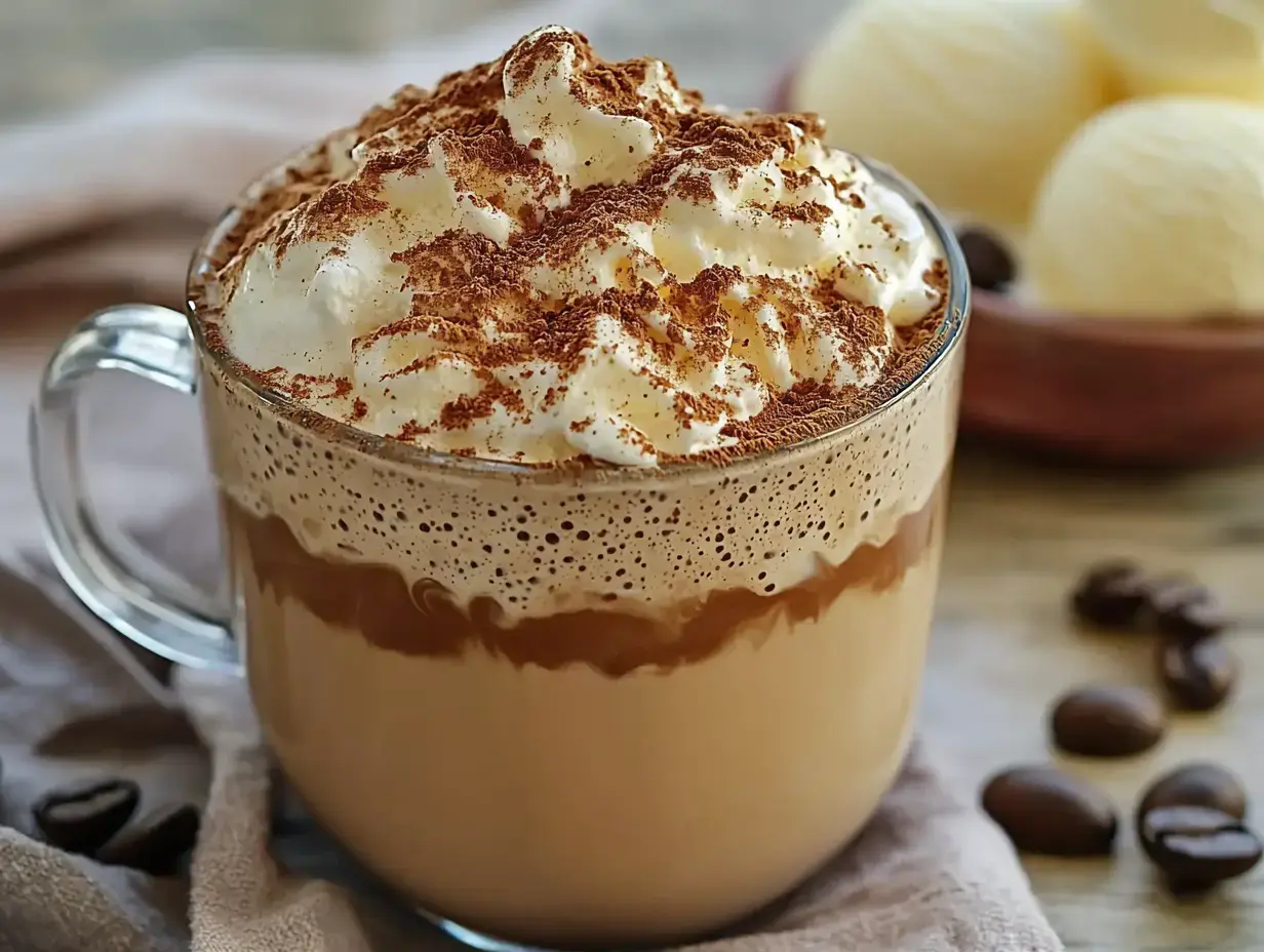 A glass of creamy coffee topped with whipped cream and cocoa powder, accompanied by a bowl of ice cream and coffee beans.