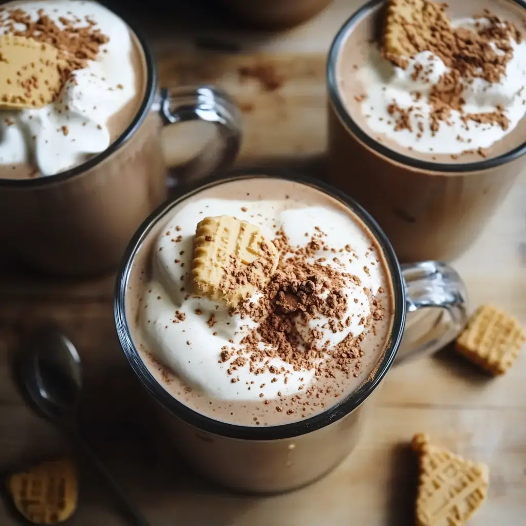 Three mugs of hot chocolate topped with whipped cream, chocolate shavings, and biscuit pieces, set on a wooden surface.