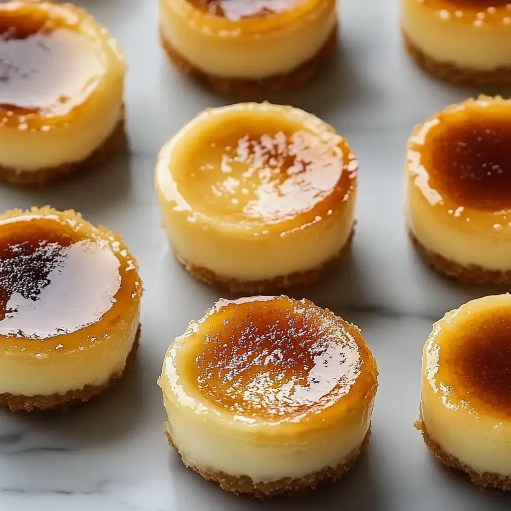 A close-up image of mini custard desserts with a caramelized top and graham cracker crusts arranged on a marble surface.