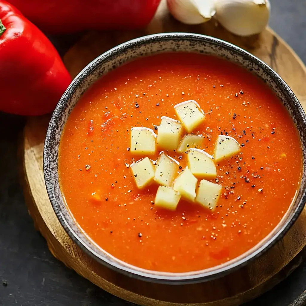 A bowl of smooth tomato soup is garnished with diced potatoes, accompanied by red bell peppers and garlic cloves.