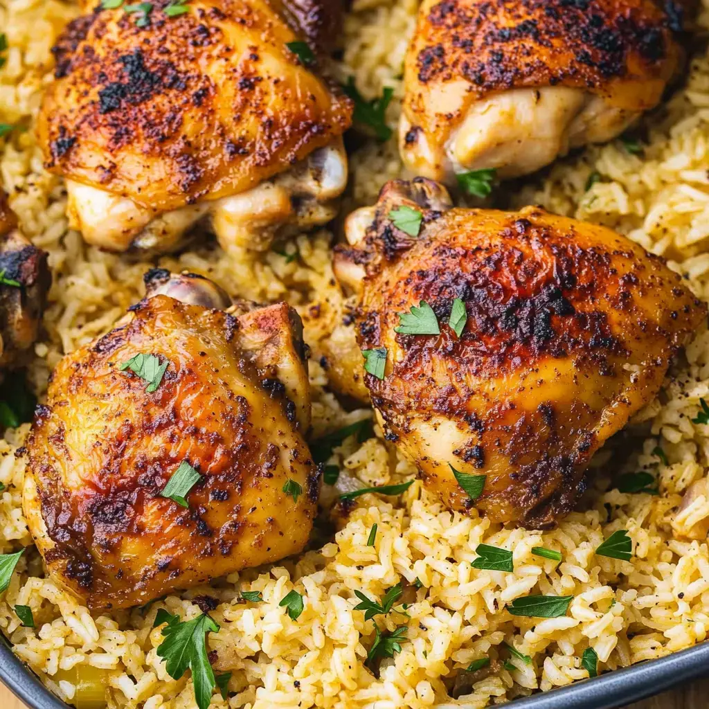 A close-up image of seasoned, golden-brown chicken thighs resting on a bed of fluffy rice, garnished with fresh parsley.