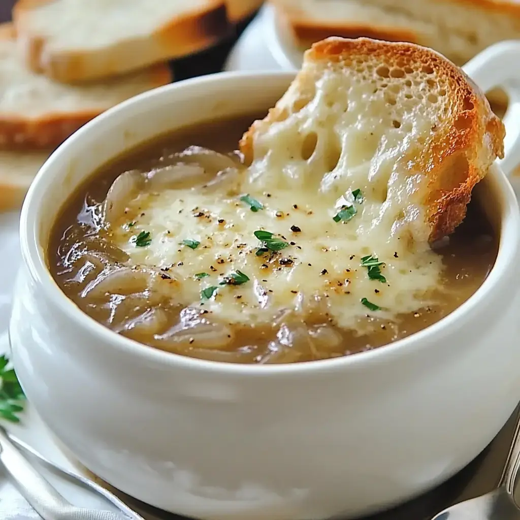 A bowl of French onion soup topped with melted cheese and a piece of toasted bread, garnished with parsley, alongside slices of bread in the background.