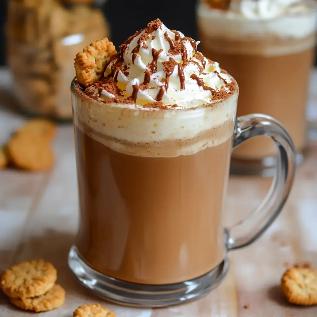 A glass mug filled with creamy coffee topped with whipped cream and cocoa powder, accompanied by small cookies on a wooden surface.