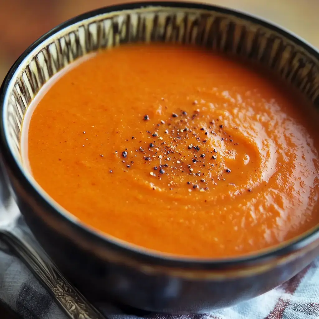 A bowl of smooth orange soup topped with black pepper sits on a textured surface.