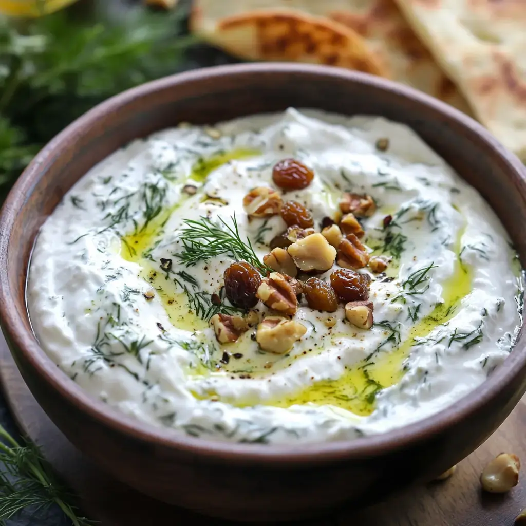 A wooden bowl filled with creamy yogurt topped with dill, nuts, and a drizzle of olive oil, accompanied by pieces of flatbread in the background.