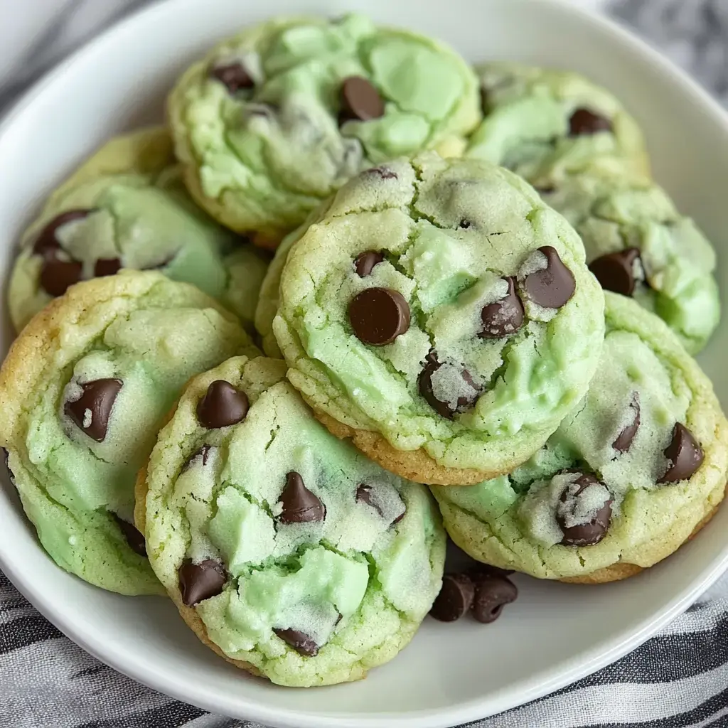 A plate of mint green cookies with chocolate chips arranged neatly.