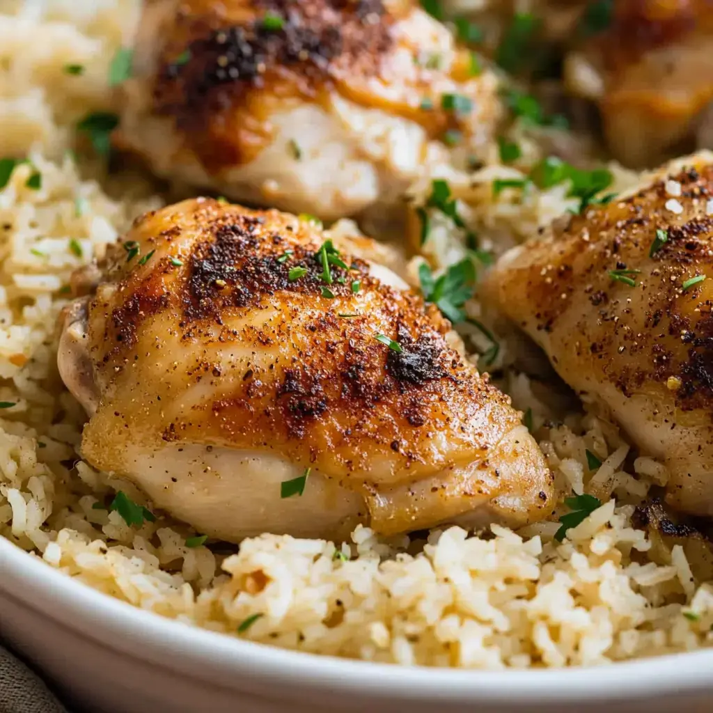 A close-up of seasoned, golden-brown chicken thighs served over fluffy rice, garnished with fresh parsley.