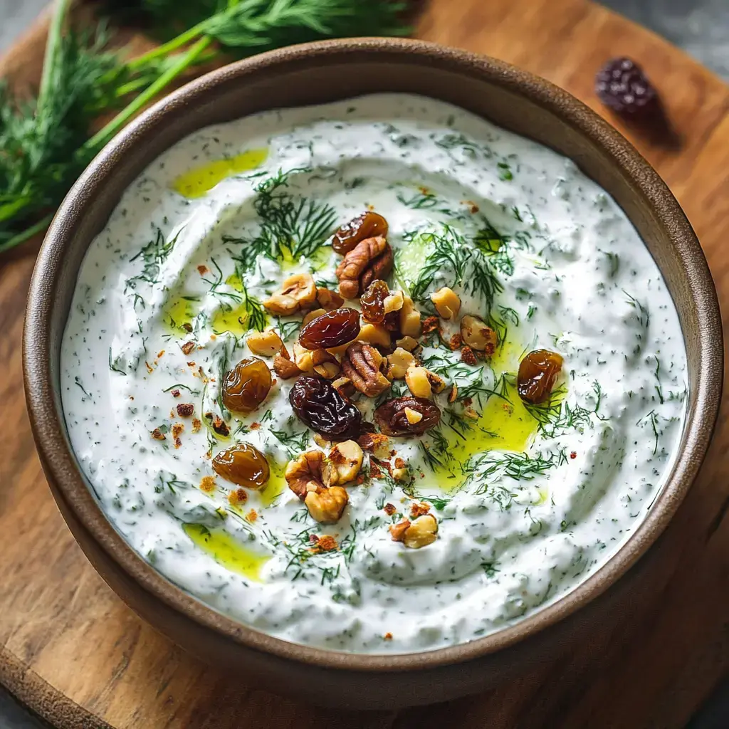 A wooden bowl filled with a creamy yogurt dip garnished with fresh dill, nuts, and drizzled with olive oil.