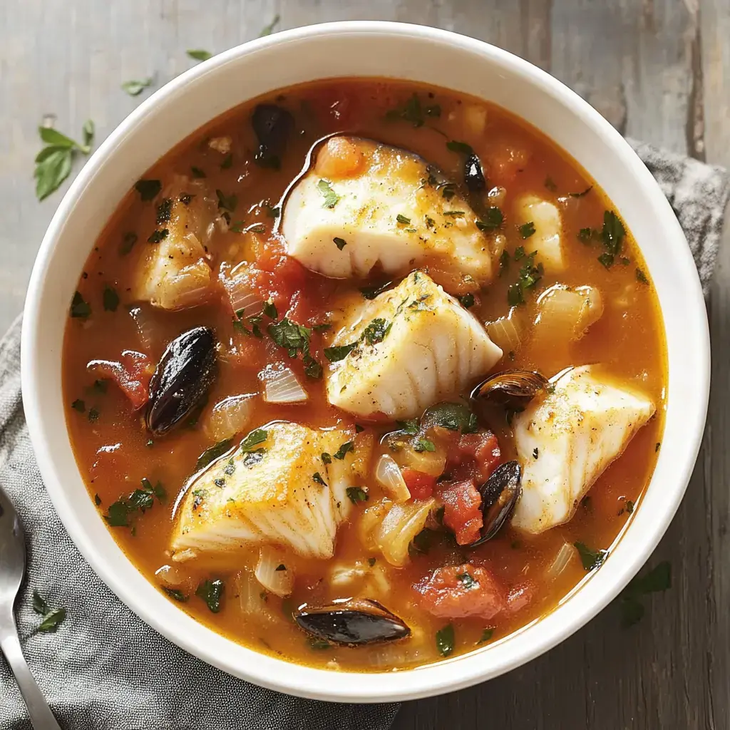 A bowl of fish stew containing tender pieces of white fish, tomatoes, and black mussels, garnished with fresh herbs.