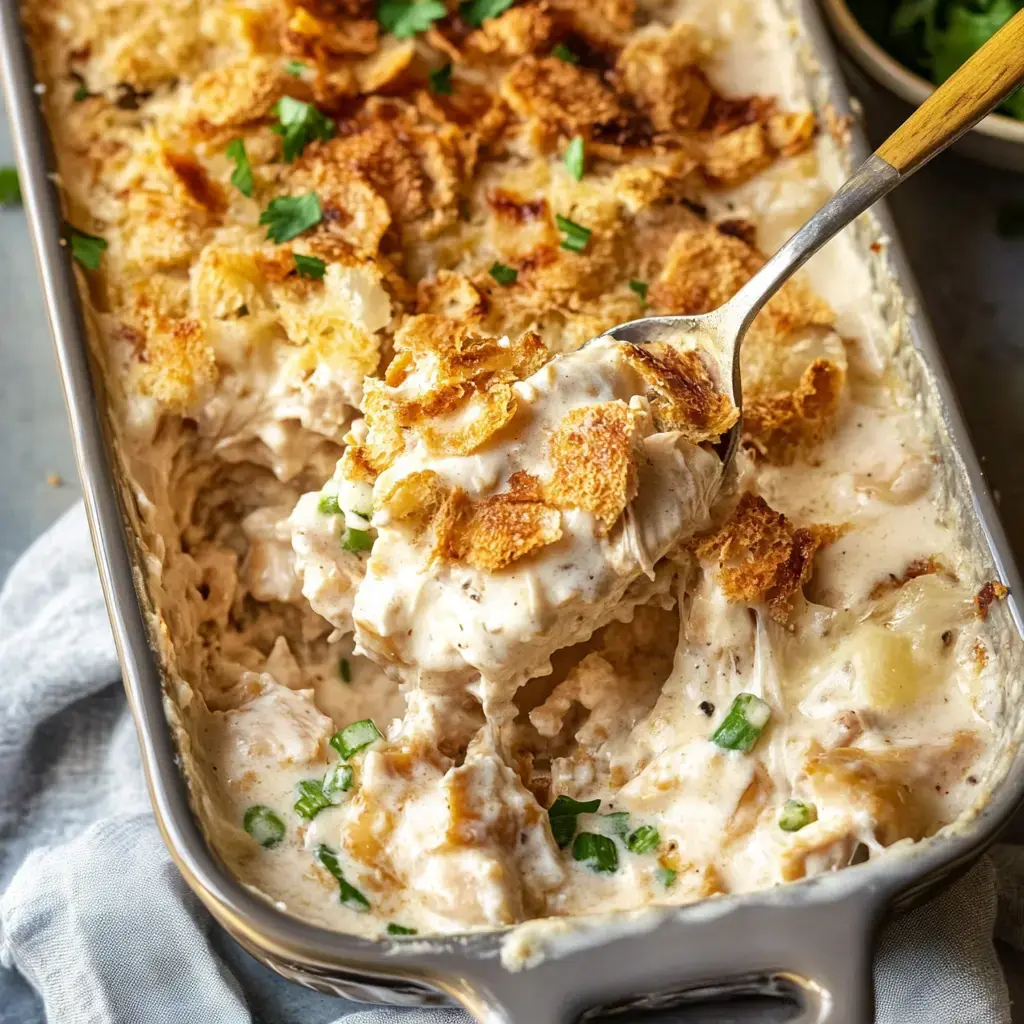 A spoonful of creamy chicken casserole topped with golden-brown crispy breadcrumbs and chopped green onions.